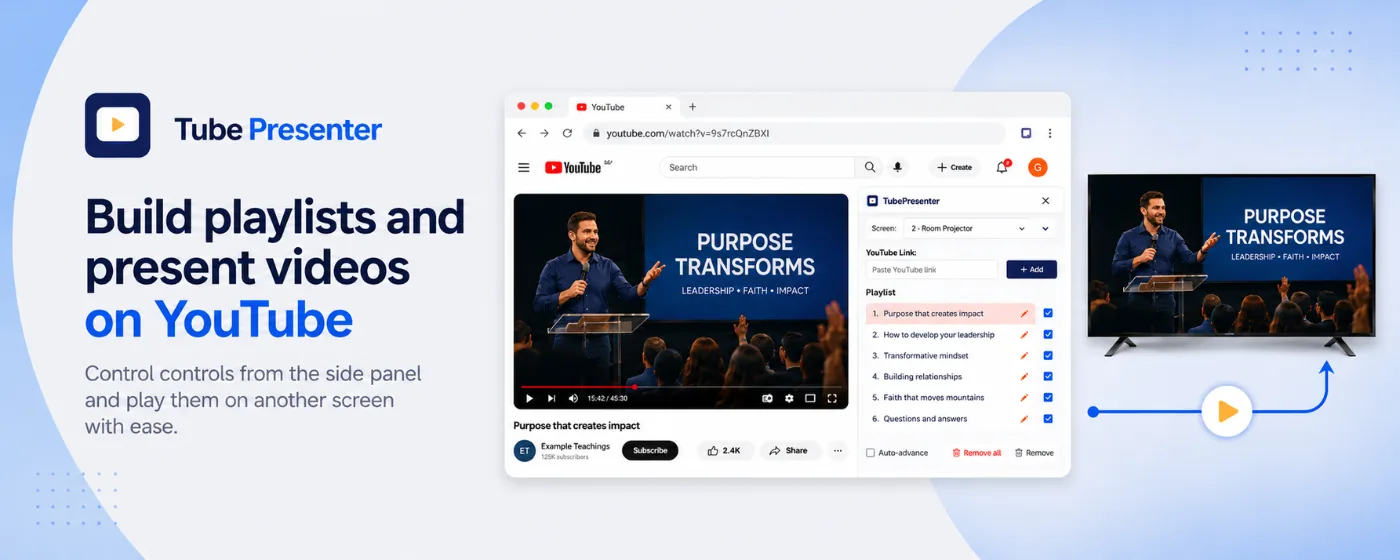 TubePresenter controlling a YouTube playlist and presenting on an external screen