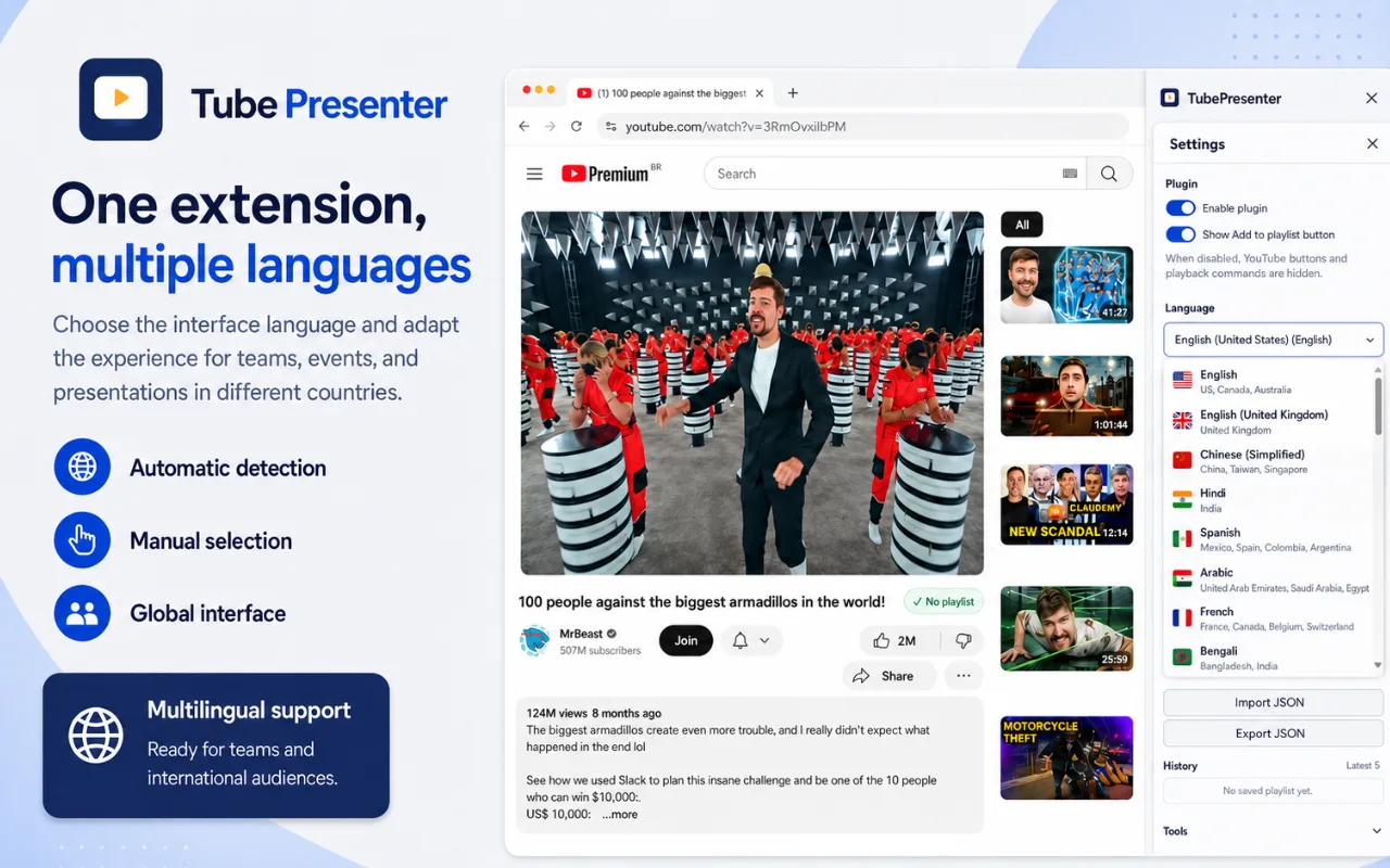 TubePresenter multilingual interface